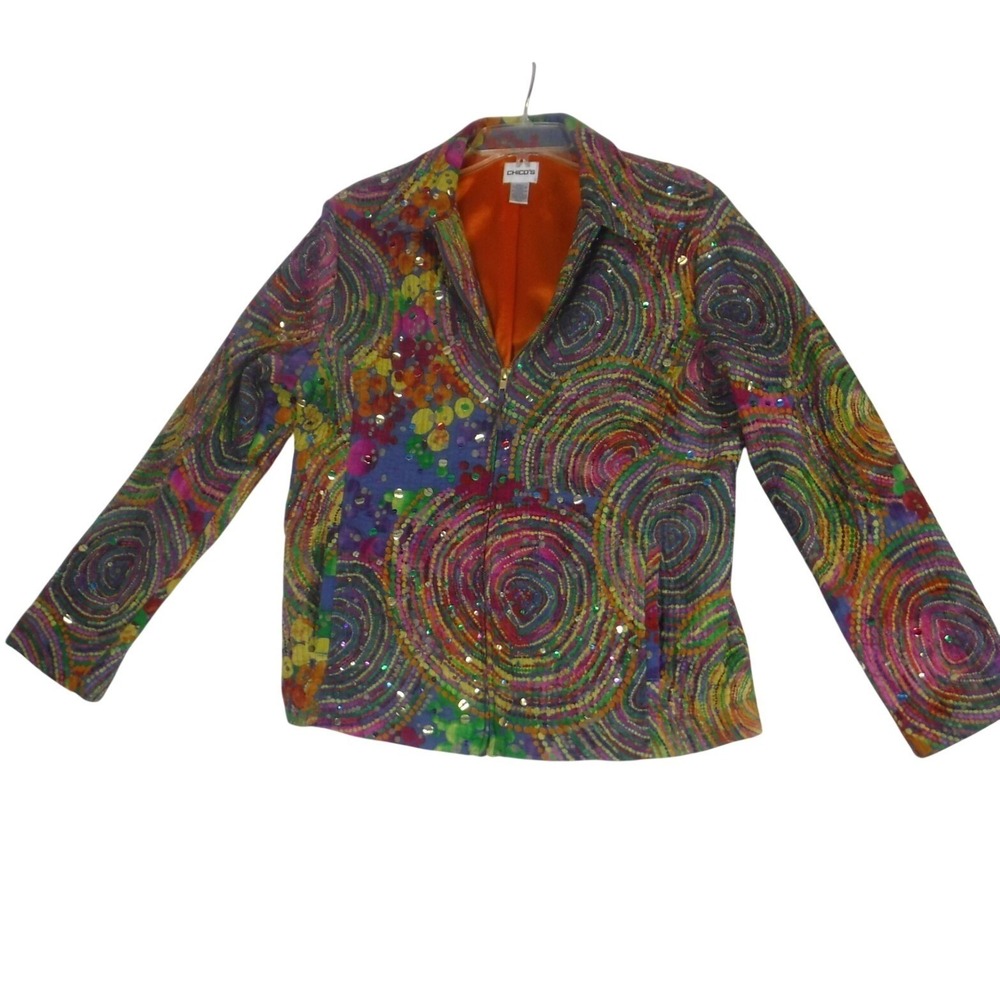 Chico's Women's Jacket Full Zip Multicolor Embellished Artsy Sz 2 ( L-12)